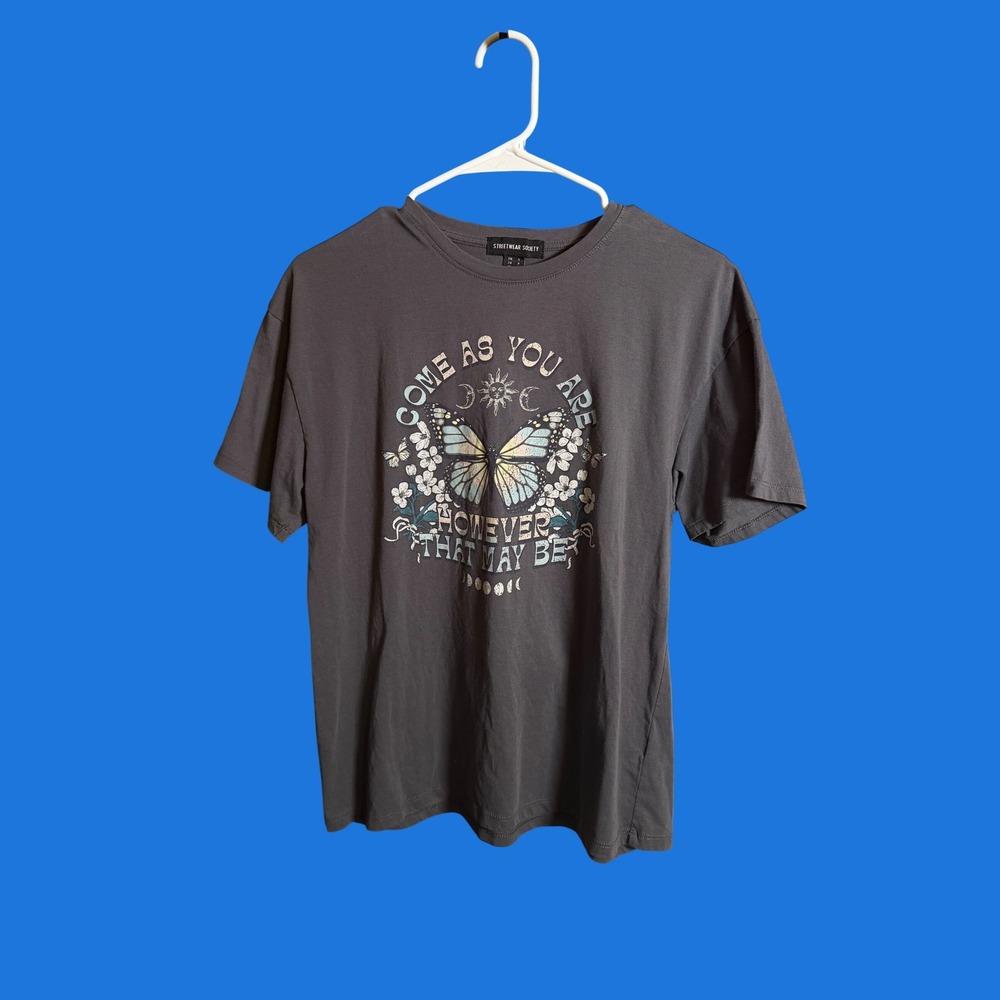 Streetwear Society Come As You Are Butterfly Graphic Tee Charcoal Grey Small